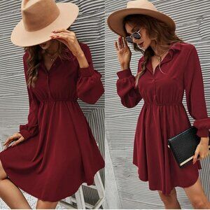 Tobi Button Up Shirt Dress Long Sleeve Collared Faux Wrap Draped Burgundy